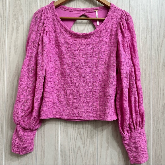 Free People Tea Time Top Plumeria Open Back Floral Lace Balloon Sleeves Size L - Picture 4 of 15